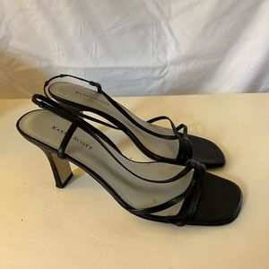 Elegant black strappy sandals, size 8M, comfortable, 3” heel